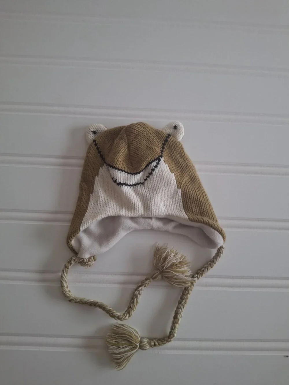 Kids Horse Knit Earflap Hat Brown Fleece Lined Tassel Cottagecore Winter